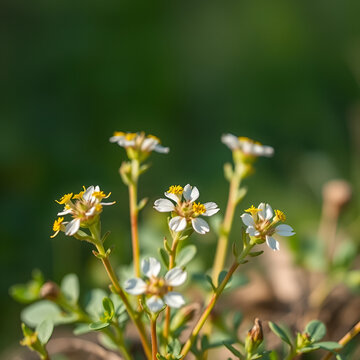 Wild rocket or Diplotaxis tenuifolia displays blooming arugula flowers in a close up view with selective focus allowing for a copy space image