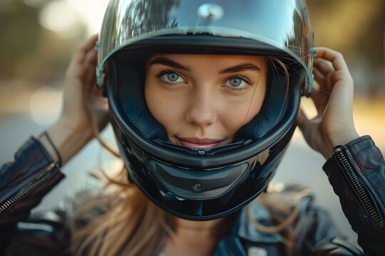 A young woman prepares for a motorcycle ride by adjusting her black helmet. She has striking blue eyes and wears a stylish leather jacket. The background features a blurred outdoor landscape