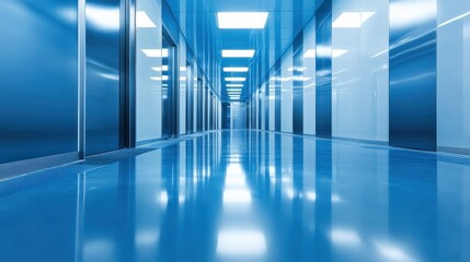 Fototapeta premium Modern blue corridor with reflective flooring and bright lights, showcasing a sleek design