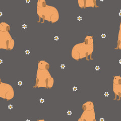 Seamless cute capybara pattern. Vector childish cartoon illustration