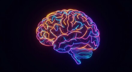 Digital concept of an illuminated brain in vibrant neon hues, highlighting neuron connections and cognitive energy.