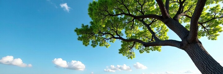 Fototapeta premium Tree's rugged branches stretch towards the sky, nature, isolation