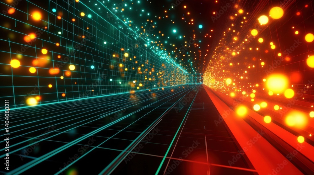 Aufkleber abstract digital tunnel with glowing particles and lines, representing motion and technology