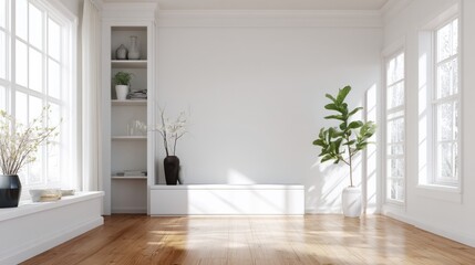 Bright minimalist living room with hardwood floors and natural light.