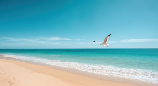 Seagull flying over the beach with a clear blue sky background
