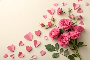 Fototapeta premium Pink Roses and Hearts: Delicate pink roses and paper hearts create a romantic and elegant composition, perfect for Valentine's Day or any romantic occasion.