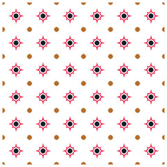 A repeating pattern of red star shapes with black centers and brown floral elements on a white background.

