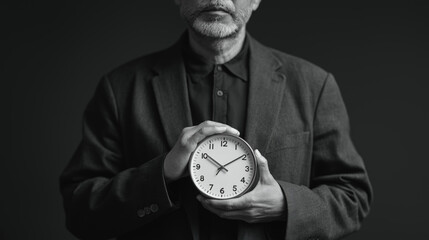 A Middle Eastern man in a black blazer holds a clock with rapidly moving hands, representing productivity and time efficiency