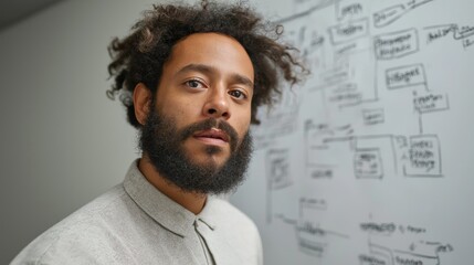 A Black team lead guides a discussion by showcasing a simplified flowchart on a whiteboard in a professional meeting setting