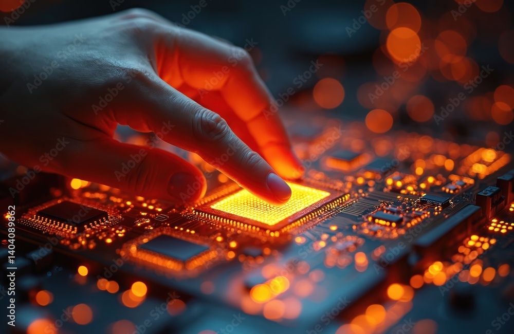 Fototapete human hand delicately touches glowing cpu chip on motherboard. digital connection symbolizes interse