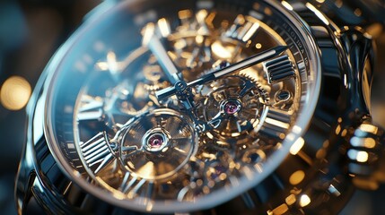 Detailed view of a meticulously crafted, open-faced mechanical watch.  The intricate gears and components are showcased, highlighting the precision engineering