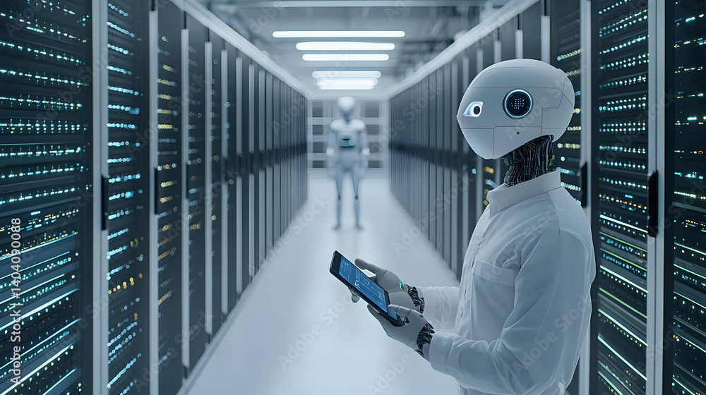 Aufkleber white robot holding tablet in server room with blue lighting and another robot in background