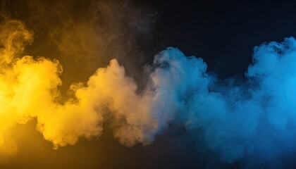 Yellow, blue smoke against black background. Neon light, fog cloud effect. Dynamic curves, fluid motion, vibrant colors, abstract fantasy artwork. Perfect for modern design, tech projects, wallpaper,
