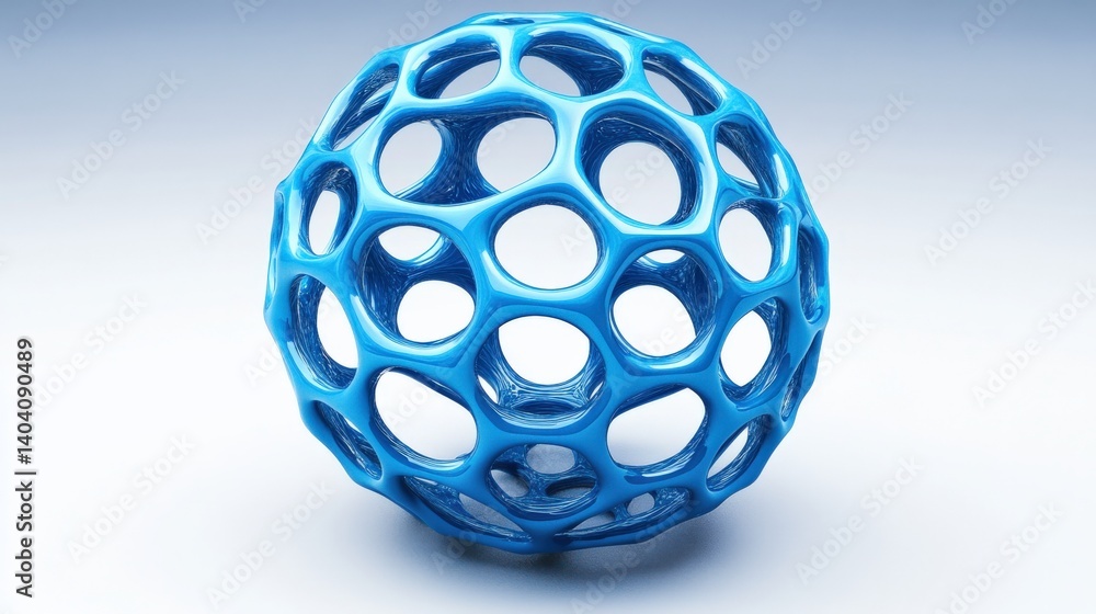 Poster abstract blue spherical structure with holes, showcasing modern design against a soft gradient backg