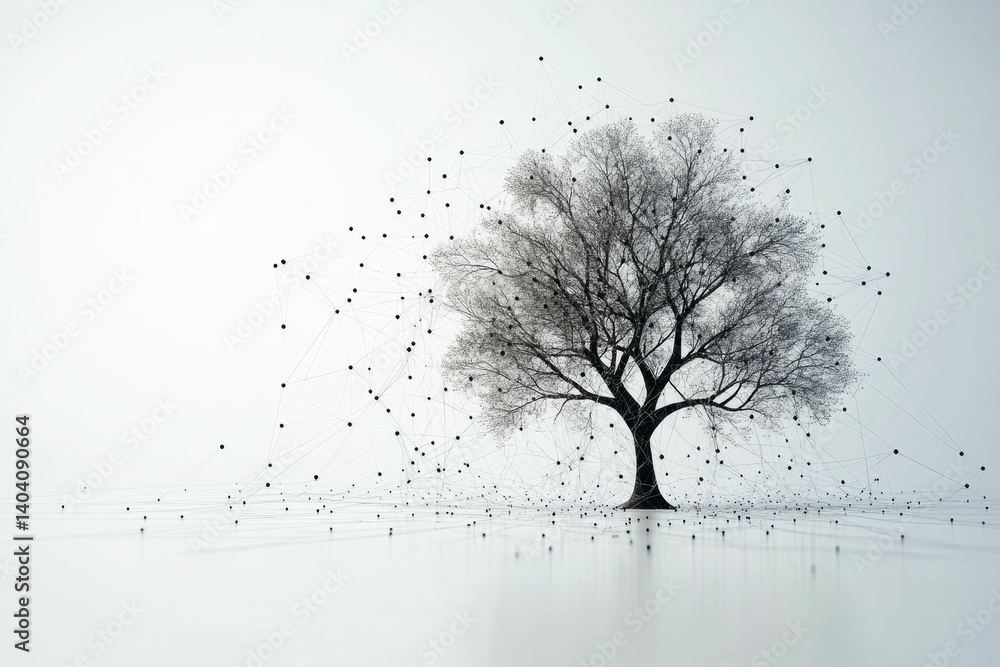 Poster connecting tree illustration with dots and lines on a white background