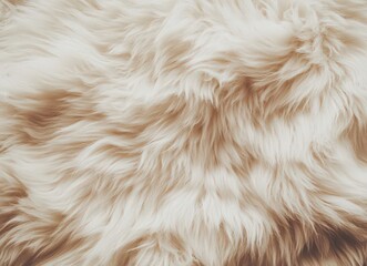 Close-up of a beige fluffy carpet texture, featuring a shaggy soft fabric backdrop. Ideal for backgrounds or design projects, with ample copy space. Flat lay view of a white plush rug.