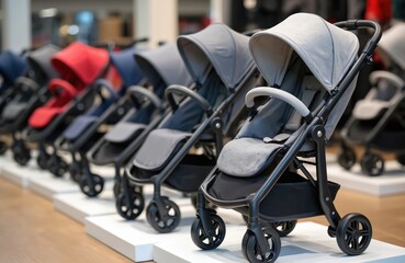 Rows of baby pushchairs for sale in shop. Modern prams for newborns, toddlers of different colors and styles. Buying choice of baby transport in department store. Family shopping.