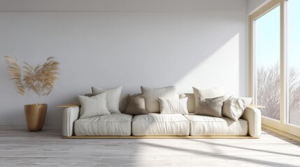 Beige couch in minimalist room