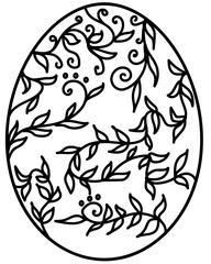 Outline Easter egg with doodle branches with leaves, coloring page for holiday creativity or design