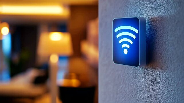 Hotel room WiFi, glowing signal, night, modern interior