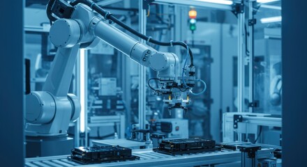 Fototapeta premium An automated robotic arm assembles components with precision in a modern factory setting.