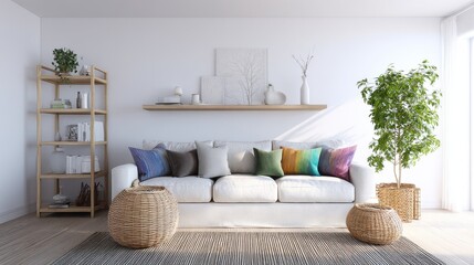 Bright living room with white couch and colorful pillows.