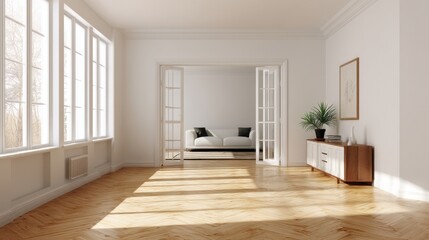 Obraz premium Bright, airy living room with hardwood floors and large windows.
