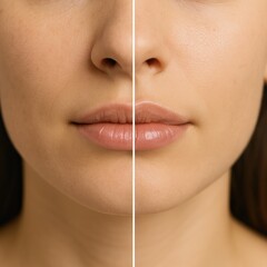 A close-up comparison of facial features showcases the impact of facelift and fillers on skin texture and volume. The left side exhibits signs of aging, while the right side reflects rejuvenation