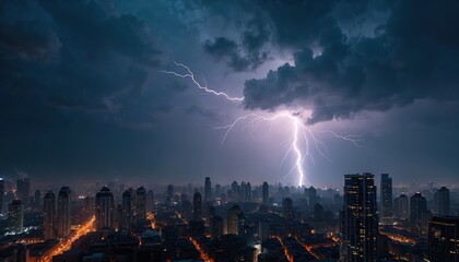 Lightning strike over modern city with tall buildings. Dramatic night cityscape with illuminated skyscrapers. Nature environment storm at night. Urban scene with architecture.