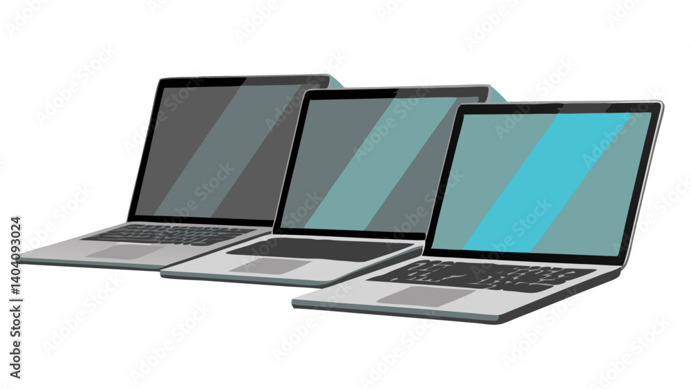 Poster three laptops aligned showing their screens and keyboards on a white background view from the side