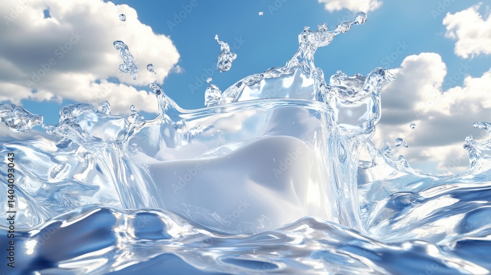 Poster splash of water with ice cube under a bright blue sky and fluffy clouds, creating a refreshing scene