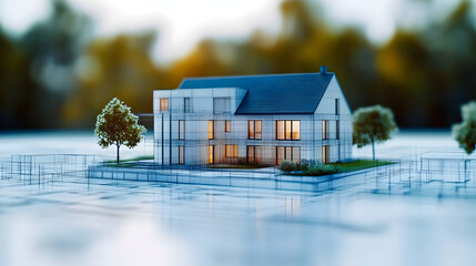 Dream Home Blueprint: A miniature model of a modern suburban house sits atop a detailed blueprint, showcasing the architectural vision and meticulous planning that goes into building a dream home.