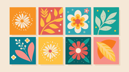 Collection of eight square floral art pieces with different color schemes and flower designs