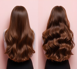 Fototapeta premium Before and after photo of long brown hair styled from straight to voluminous curls