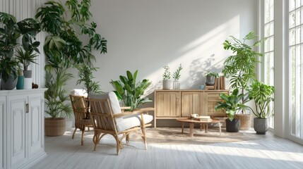Bright living room with plants & rattan chairs