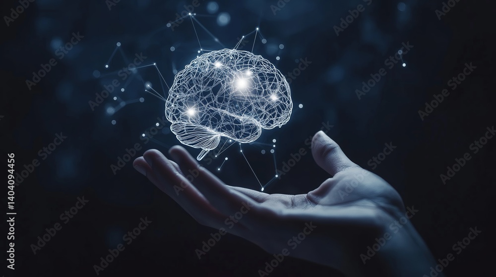 Fototapete Futuristic glowing wireframe brain floating above hand in digital network, concept of artificial intelligence and human interface, Generative AI
