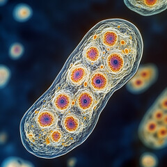 Microscopic close up of a vibrant glowing cellular organism with intricate details
