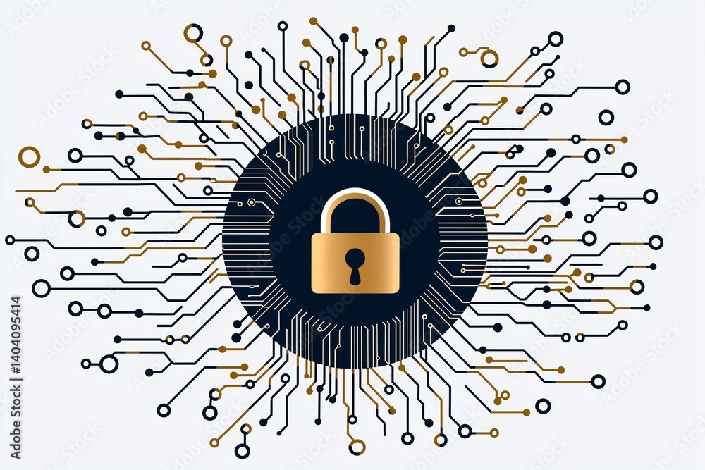 Poster Golden circuit network with digital padlock at center, representing encrypted security access, cybersecurity, and high-tech data protection, Generative AI