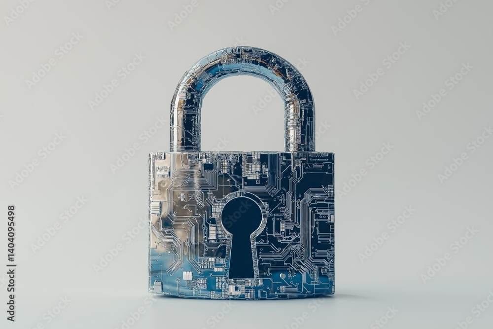 Poster Circuit-designed padlock symbolizing cybersecurity, digital data protection, and network access control in modern technology systems, Generative AI