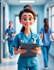 cheerful young nurse with clipboard in hospital hallway in cartoon medical scene