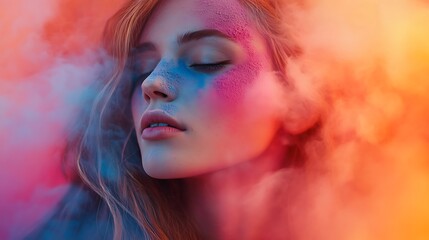 Fototapeta premium Woman's face in color smoke for a cosmetic ad
