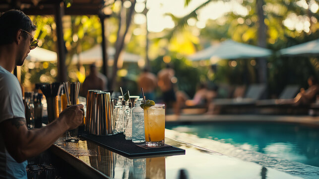 Bartender serving cocktails at outdoor pool bar