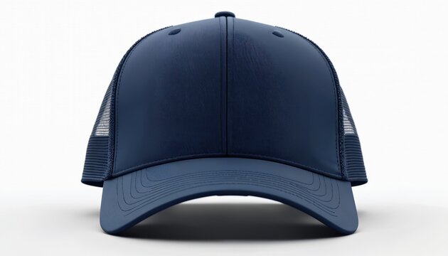 Navy blue trucker hat mockup front view. Plain blue baseball cap design, classic trucker hat, front view. Apparel, accessory, headwear for custom branding design, template. Isolated product for