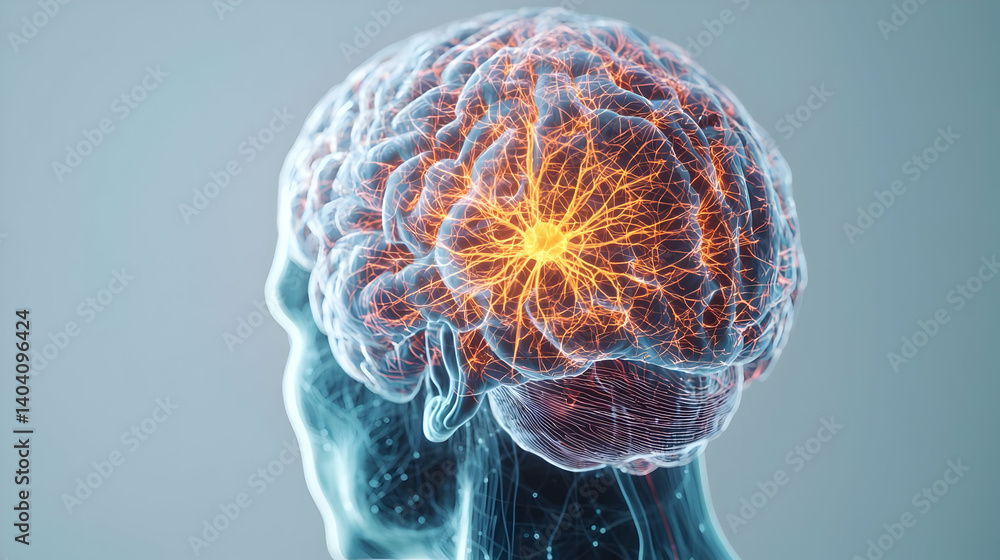 Poster transparent human head profile with illuminated brain network and neural activity on a light backgro
