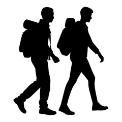 men with backpacks walking silhouette vector isolated on white background