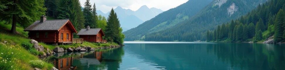 Fototapeta premium Scenic view of log cabins on a pristine lake, surrounded by forest , photography, breathtaking