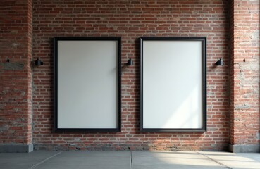 Two blank poster frames on brick wall, mockup for advertising, marketing, presentations. Empty white canvas for display art, design message. Exhibition interior with lamps, concrete floor. Creative