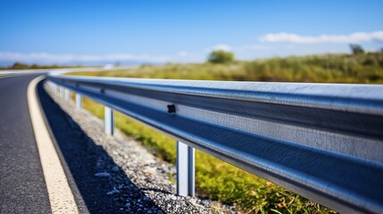 Shiny metal guardrail alongside road under daylight symbolizing transportation safety, roadside protection and infrastructure design, Generative AI