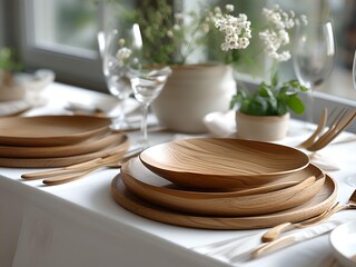 table setting for a dinner wooden cutlery