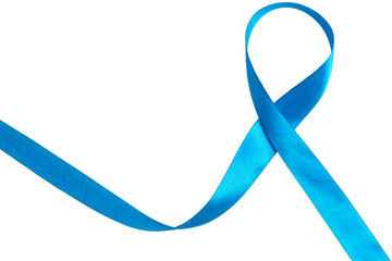 Blue awareness ribbon on a white background symbolizing hope and support.